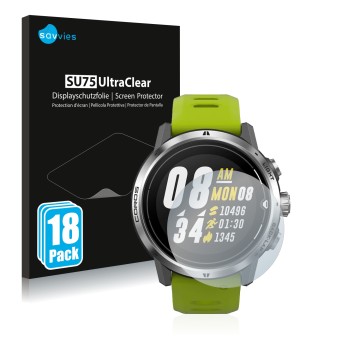 Parte frontale di una confezione del prodotto con il logo del marchio Savvies. Accanto è raffigurato il dispositivo Coros Apex