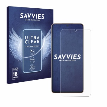 Face avant d’un emballage produit avec le logo de la marque Savvies. À côté, l’appareil Samsung Galaxy S21 Plus 5G est représe