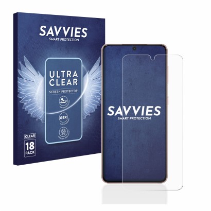 Face avant d’un emballage produit avec le logo de la marque Savvies. À côté, l’appareil Samsung Galaxy S21 5G est représenté a