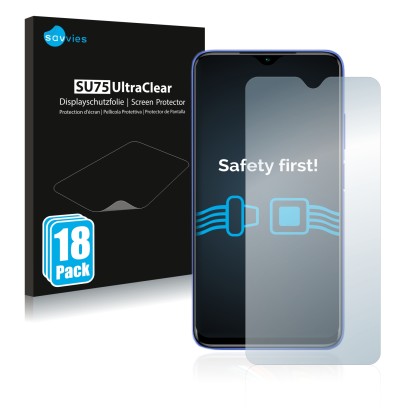 Parte frontal de un envase de producto con el logotipo de la marca Savvies. Al lado se muestra el dispositivo Xiaomi Redmi 9T 