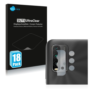 Face avant d’un emballage produit avec le logo de la marque Savvies. À côté, l’appareil Xiaomi Redmi 9T (Caméra UNIQUEMENT) es