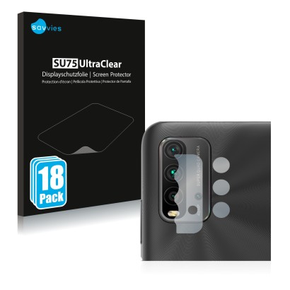 Parte frontal de un envase de producto con el logotipo de la marca Savvies. Al lado se muestra el dispositivo Xiaomi Redmi 9T 