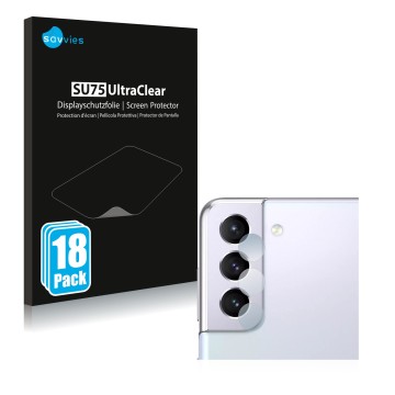 Face avant d’un emballage produit avec le logo de la marque Savvies. À côté, l’appareil Samsung Galaxy S21 5G (Caméra UNIQUEME