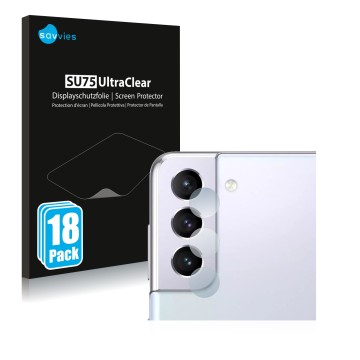 Front side of a product packaging with the brand logo Savvies. Next to it is the device Samsung Galaxy S21 Plus 5G (ONLY Camer