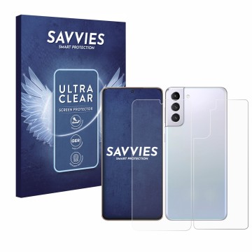 Vorderseite einer Produktverpackung mit dem Markenlogo Savvies. Daneben ist das Gerät Samsung Galaxy S21 Plus 5G (Display+Rück