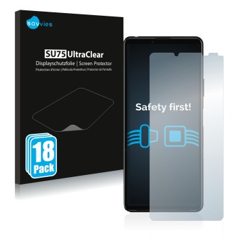 Face avant d’un emballage produit avec le logo de la marque Savvies. À côté, l’appareil Sony Xperia 10 III est représenté avec