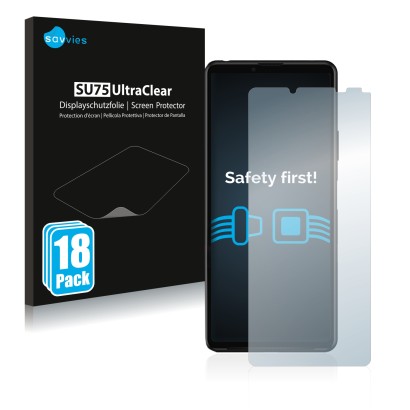 Vorderseite einer Produktverpackung mit dem Markenlogo Savvies. Daneben ist das Gerät Sony Xperia 10 III mit dem zugehörigen D