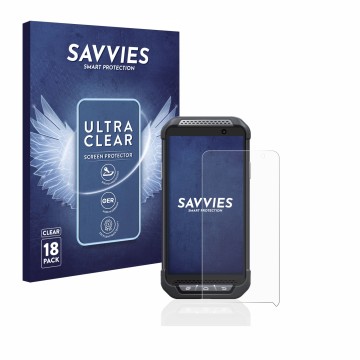 Parte frontal de un envase de producto con el logotipo de la marca Savvies. Al lado se muestra el dispositivo Point Mobile PM8