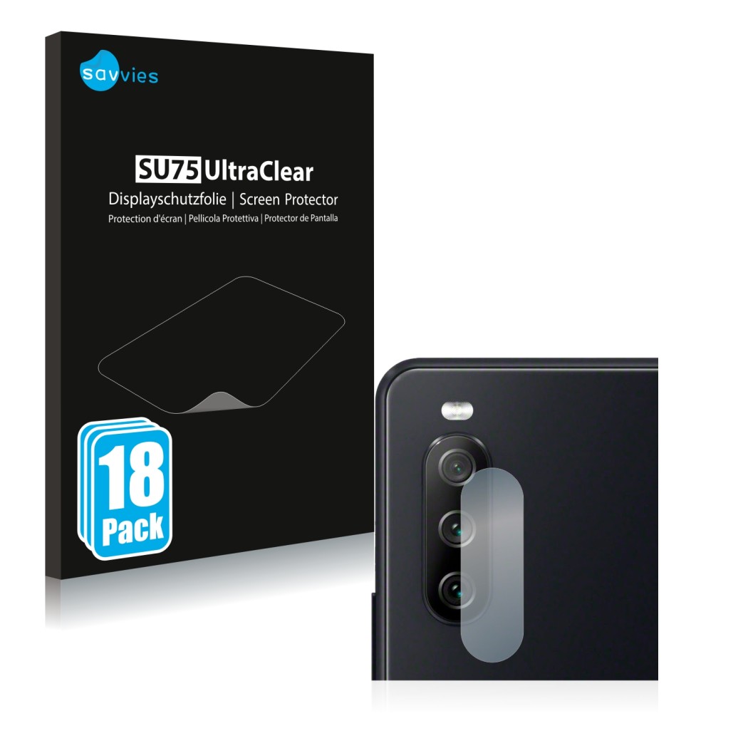 Face avant d’un emballage produit avec le logo de la marque Savvies. À côté, l’appareil Sony Xperia 10 III (Caméra UNIQUEMENT)