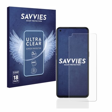 Front side of a product packaging with the brand logo Savvies. Next to it is the device Oppo Find X3 Lite shown with the corre