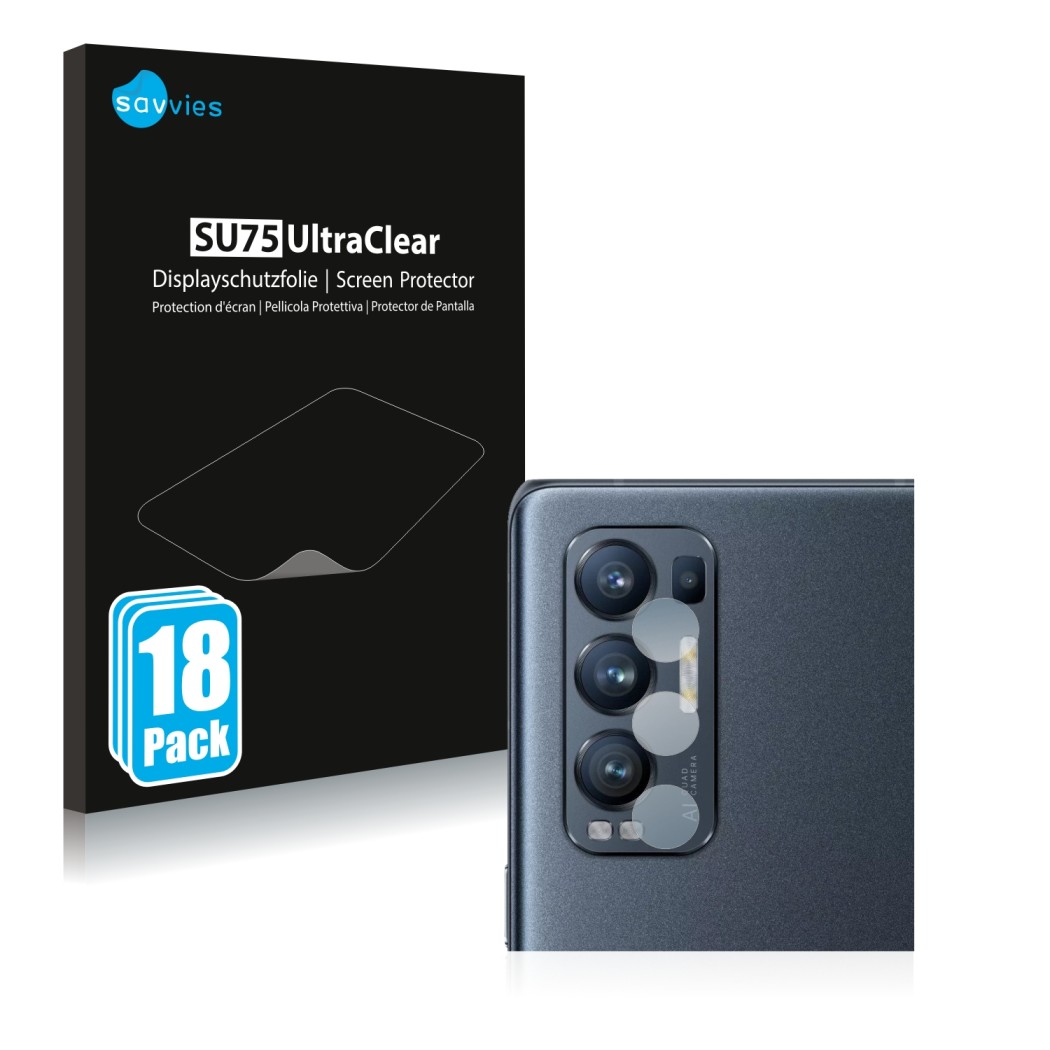 Vorderseite einer Produktverpackung mit dem Markenlogo Savvies. Daneben ist das Gerät Oppo Find X3 Neo (NUR Kameraschutz) mit 