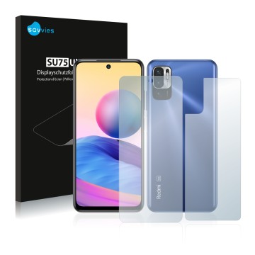 Face avant d’un emballage produit avec le logo de la marque Savvies. À côté, l’appareil Xiaomi Redmi Note 10 5G (Avant+Arrière