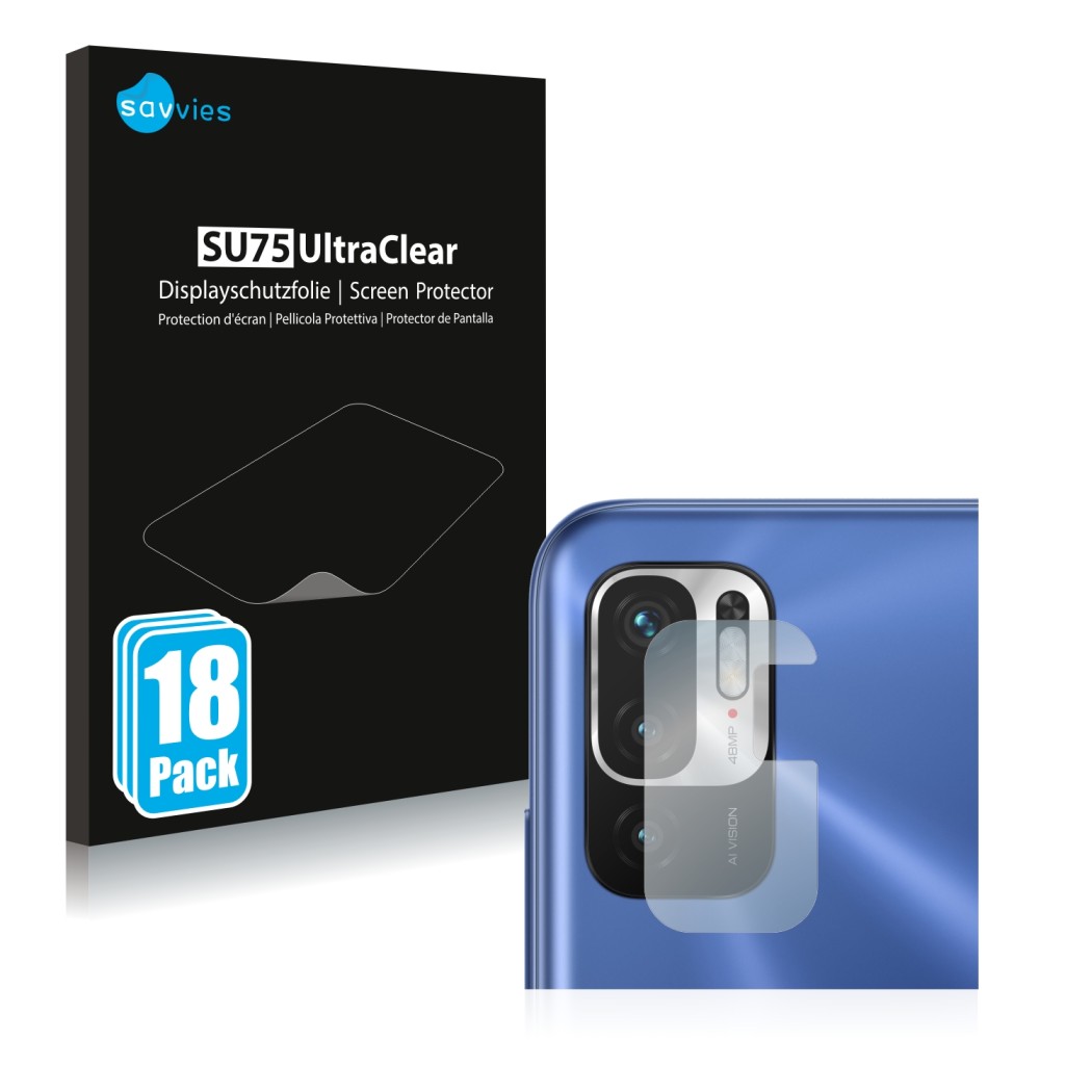 Parte frontal de un envase de producto con el logotipo de la marca Savvies. Al lado se muestra el dispositivo Xiaomi Redmi Not