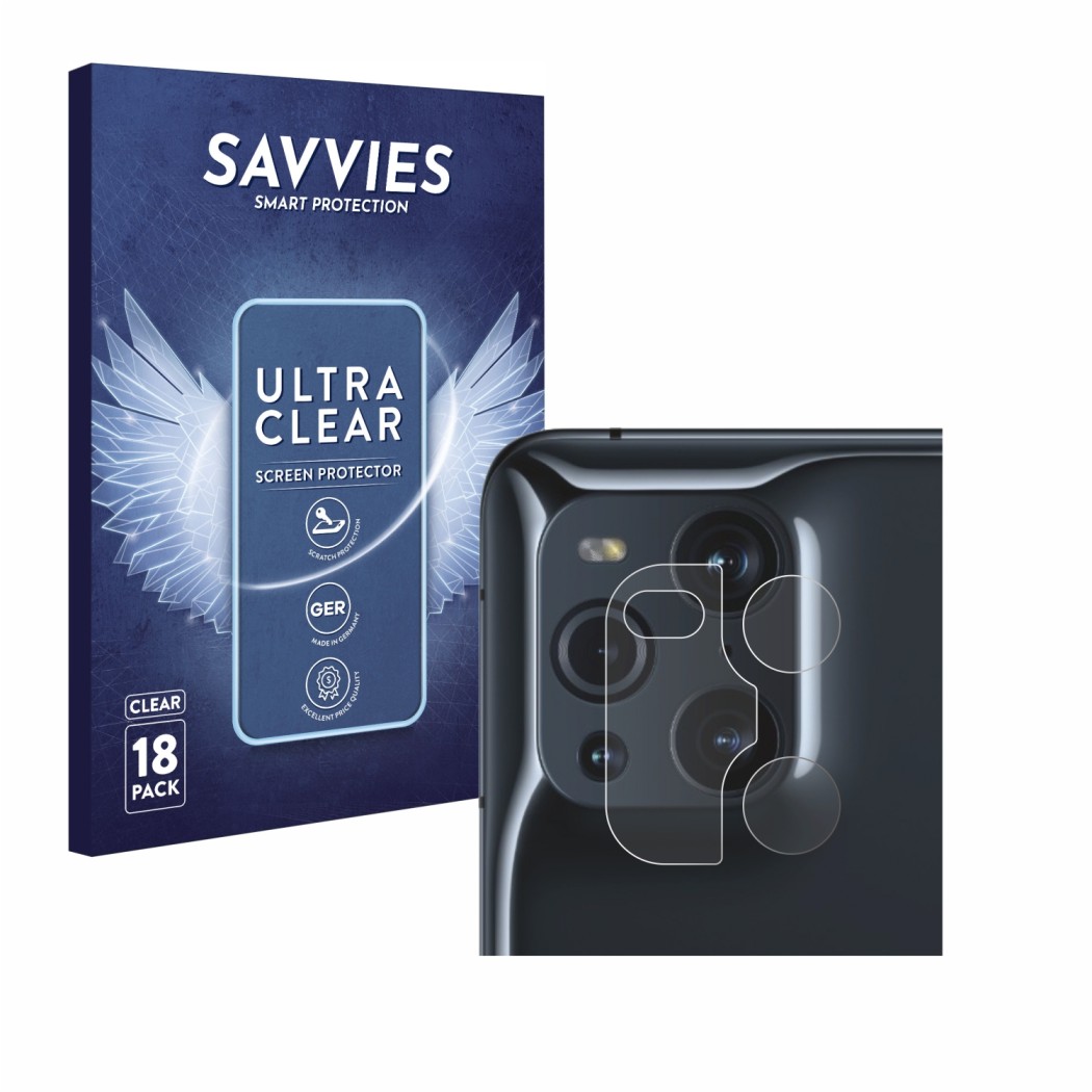 Front side of a product packaging with the brand logo Savvies. Next to it is the device Oppo Find X3 Pro (ONLY Camera Lens) sh