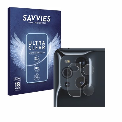 Front side of a product packaging with the brand logo Savvies. Next to it is the device Oppo Find X3 Pro (ONLY Camera Lens) sh