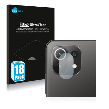 Front side of a product packaging with the brand logo Savvies. Next to it is the device Xiaomi Mi 11 Lite 5G (ONLY Camera Lens