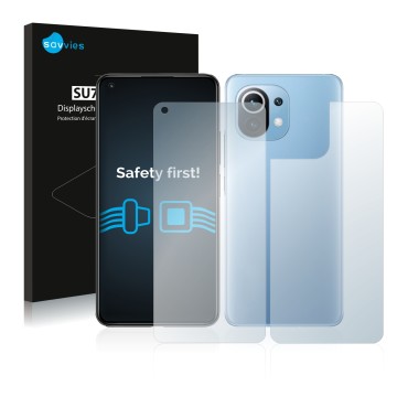 Front side of a product packaging with the brand logo Savvies. Next to it is the device Xiaomi Mi 11 Lite 5G (Front+Back) show