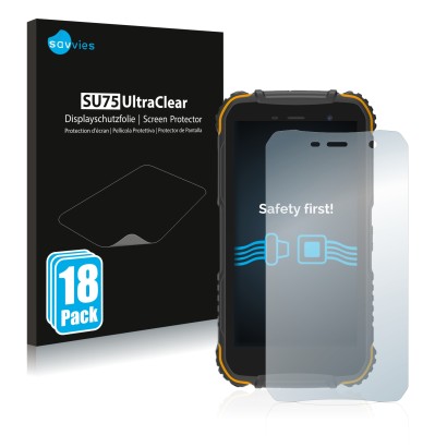 Front side of a product packaging with the brand logo Savvies. Next to it is the device Doogee S35 shown with the correspondin