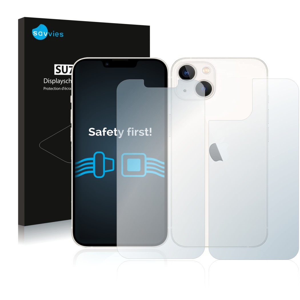 Vorderseite einer Produktverpackung mit dem Markenlogo Savvies. Daneben ist das Gerät Apple iPhone 13 (Display+Rückseite) mit 