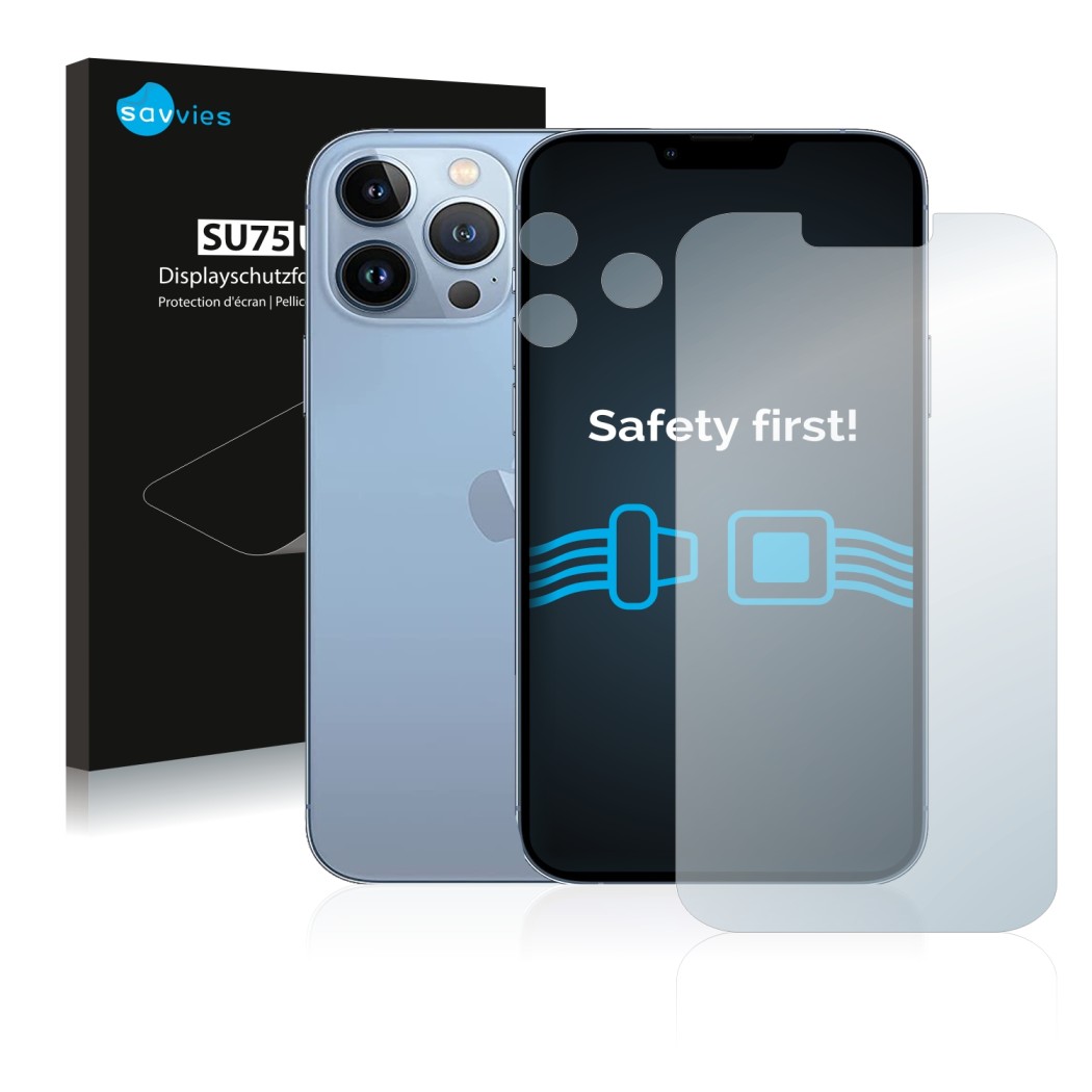 Parte frontal de un envase de producto con el logotipo de la marca Savvies. Al lado se muestra el dispositivo Apple iPhone 13 