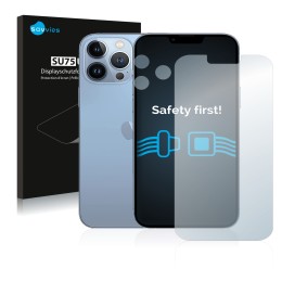 Vorderseite einer Produktverpackung mit dem Markenlogo Savvies. Daneben ist das Gerät Apple iPhone 13 Pro Max (Display+Kamera)