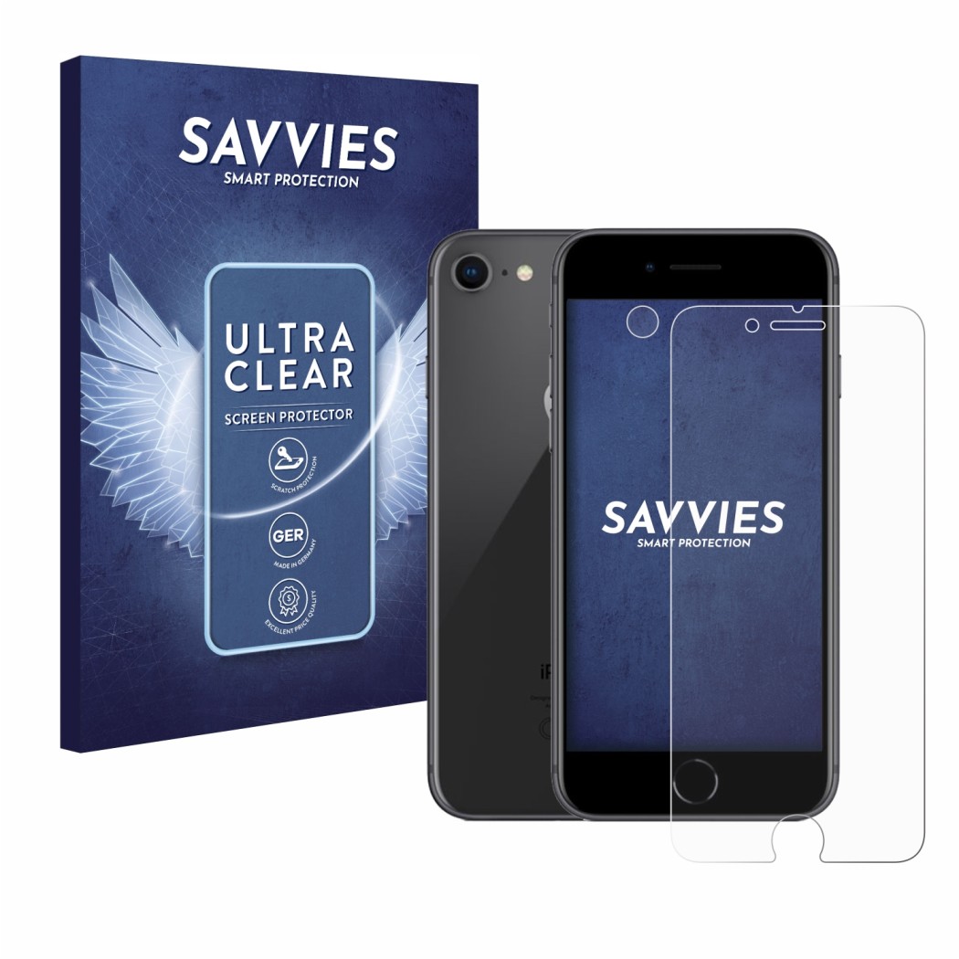 Parte frontale di una confezione del prodotto con il logo del marchio Savvies. Accanto è raffigurato il dispositivo Apple iPho