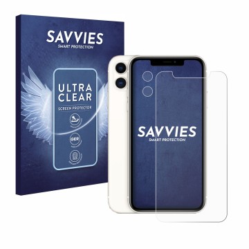 Front side of a product packaging with the brand logo Savvies. Next to it is the device Apple iPhone 11 (Front+Camera) shown w