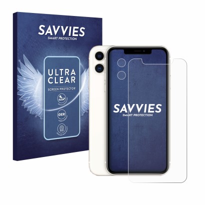 Front side of a product packaging with the brand logo Savvies. Next to it is the device Apple iPhone 11 (Front+Camera) shown w