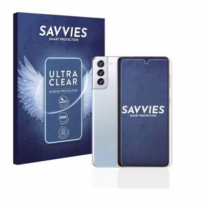 Face avant d’un emballage produit avec le logo de la marque Savvies. À côté, l’appareil Samsung Galaxy S21 5G (Avant+Caméra) e