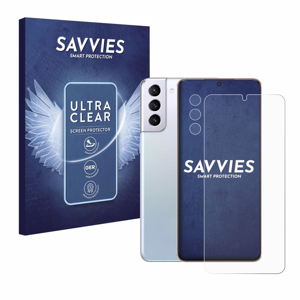 Vorderseite einer Produktverpackung mit dem Markenlogo Savvies. Daneben ist das Gerät Samsung Galaxy S21 Plus 5G (Display+Kame