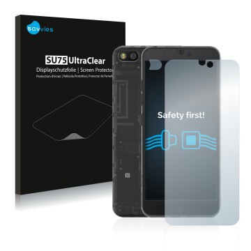 Face avant d’un emballage produit avec le logo de la marque Savvies. À côté, l’appareil Fairphone 3 (Avant+Caméra) est représe