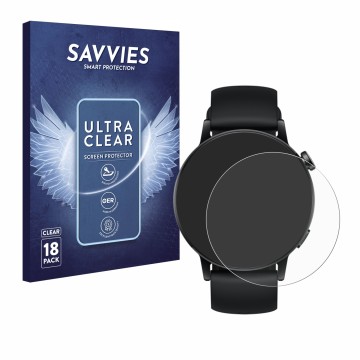 Front side of a product packaging with the brand logo Savvies. Next to it is the device Huawei Watch GT 3 (42 mm) shown with t