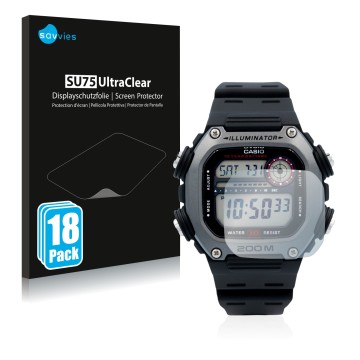 Parte frontale di una confezione del prodotto con il logo del marchio Savvies. Accanto è raffigurato il dispositivo Casio DW-2