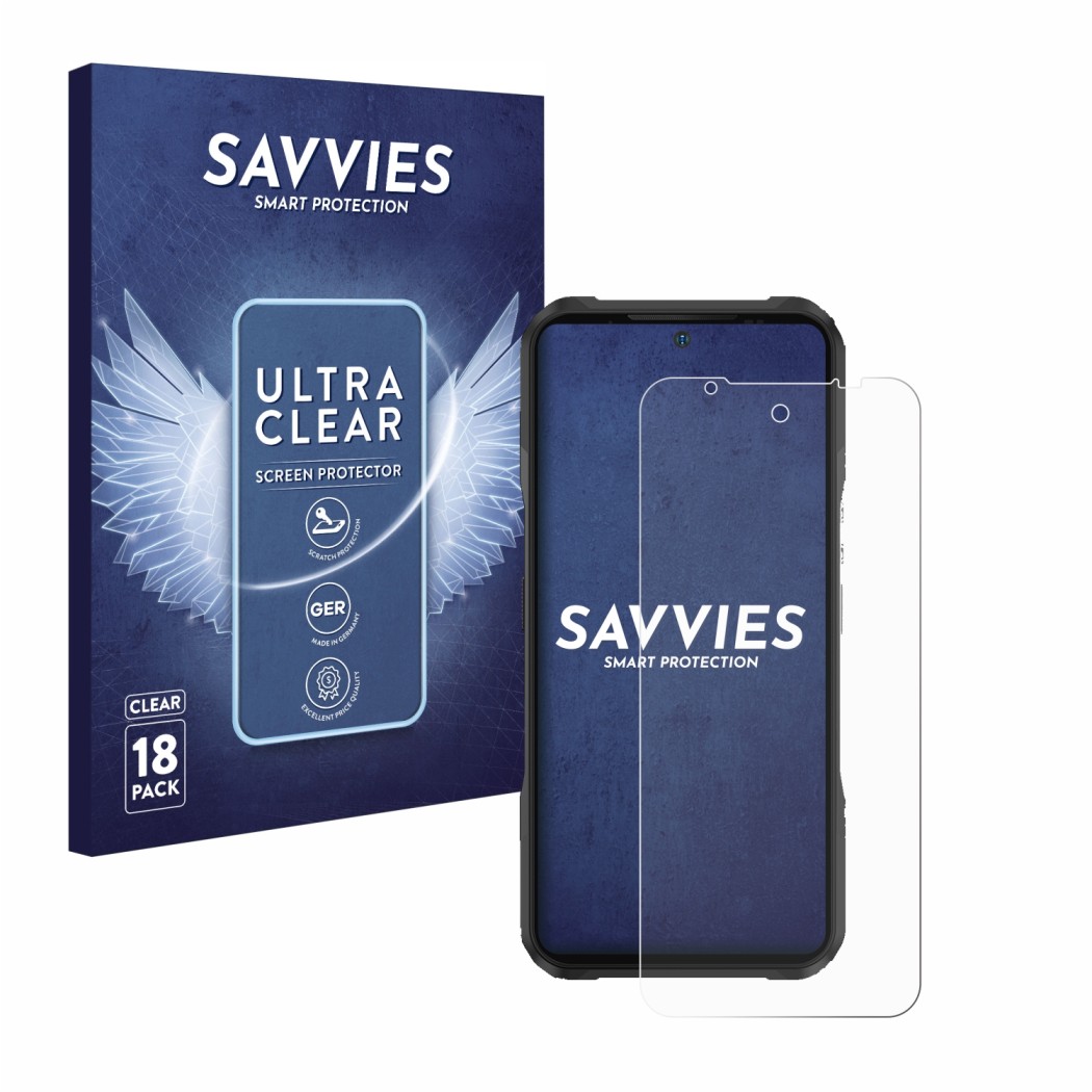 Parte frontale di una confezione del prodotto con il logo del marchio Savvies. Accanto è raffigurato il dispositivo Doogee V20