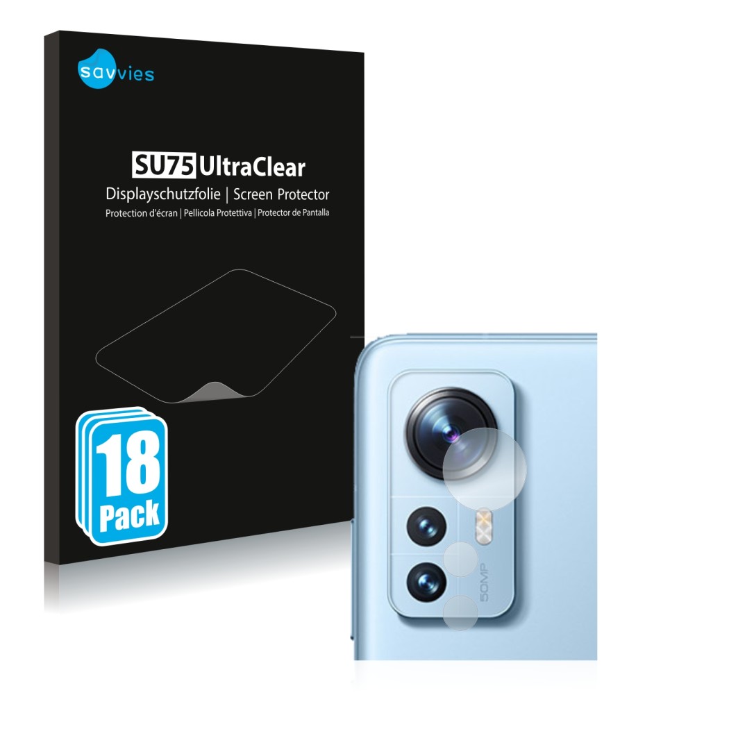 Face avant d’un emballage produit avec le logo de la marque Savvies. À côté, l’appareil Xiaomi 12 (Caméra UNIQUEMENT) est repr