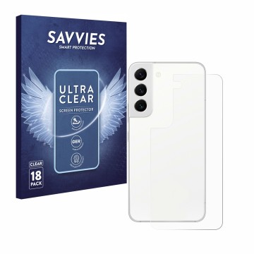 Front side of a product packaging with the brand logo Savvies. Next to it is the device Samsung Galaxy S22 5G (Back) shown wit