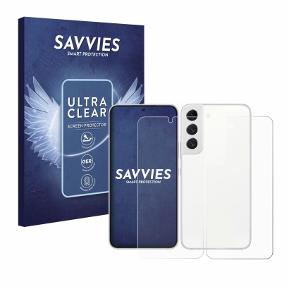 Front side of a product packaging with the brand logo Savvies. Next to it is the device Samsung Galaxy S22 5G (Front+Back) sho