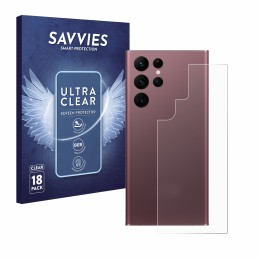 Face avant d’un emballage produit avec le logo de la marque Savvies. À côté, l’appareil Samsung Galaxy S22 Ultra 5G (Arrière) 