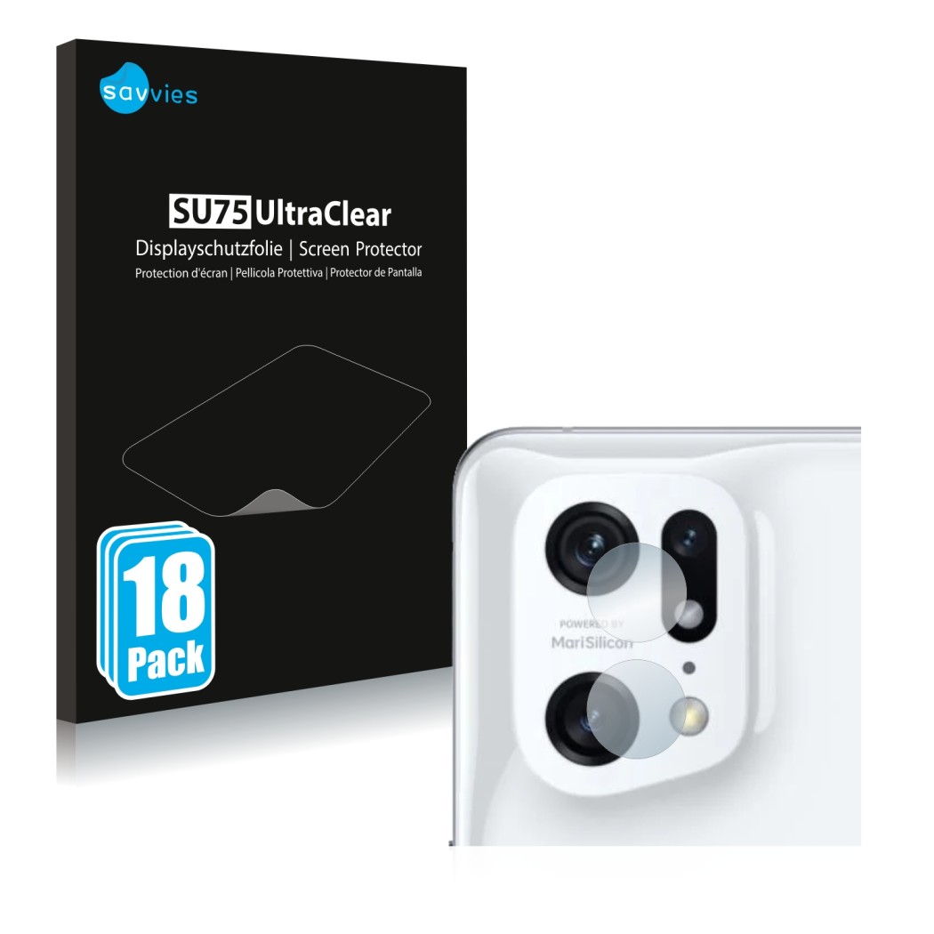 Face avant d’un emballage produit avec le logo de la marque Savvies. À côté, l’appareil Oppo Find X5 Pro (Caméra UNIQUEMENT) e