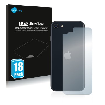 Vorderseite einer Produktverpackung mit dem Markenlogo Savvies. Daneben ist das Gerät Apple iPhone SE 3 2022 (Rückseite) mit d
