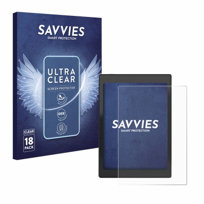 Parte frontal de un envase de producto con el logotipo de la marca Savvies. Al lado se muestra el dispositivo Boox Nova Air C 