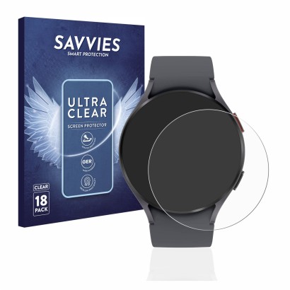 Front side of a product packaging with the brand logo Savvies. Next to it is the device Samsung Galaxy Watch 5 (44mm) shown wi