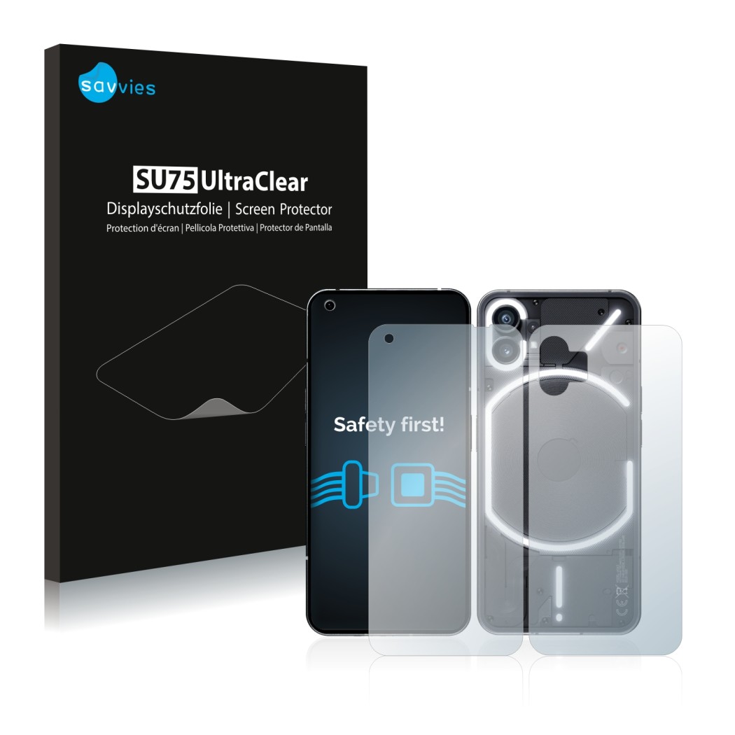 Parte frontale di una confezione del prodotto con il logo del marchio Savvies. Accanto è raffigurato il dispositivo Nothing Ph