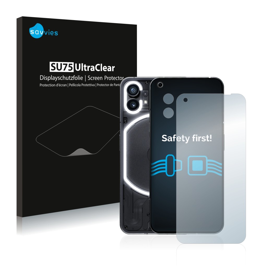 Front side of a product packaging with the brand logo Savvies. Next to it is the device Nothing Phone (1) (Front+Camera) shown