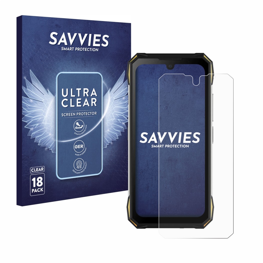 Parte frontale di una confezione del prodotto con il logo del marchio Savvies. Accanto è raffigurato il dispositivo Doogee S89
