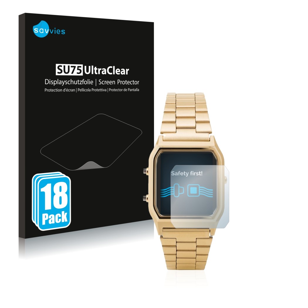 Parte frontale di una confezione del prodotto con il logo del marchio Savvies. Accanto è raffigurato il dispositivo Casio AQ-2