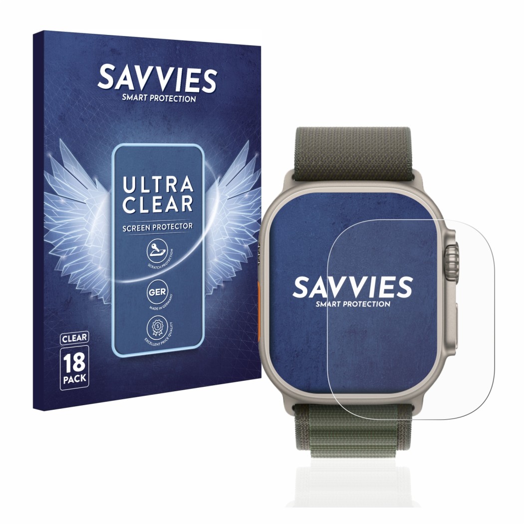 Front side of a product packaging with the brand logo Savvies. Next to it is the device Apple Watch Ultra (49 mm) shown with t