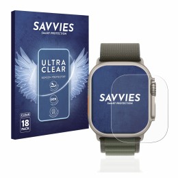 Front side of a product packaging with the brand logo Savvies. Next to it is the device Apple Watch Ultra (49 mm) shown with t