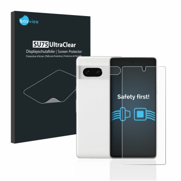 Parte frontal de un envase de producto con el logotipo de la marca Savvies. Al lado se muestra el dispositivo Google Pixel 7 (