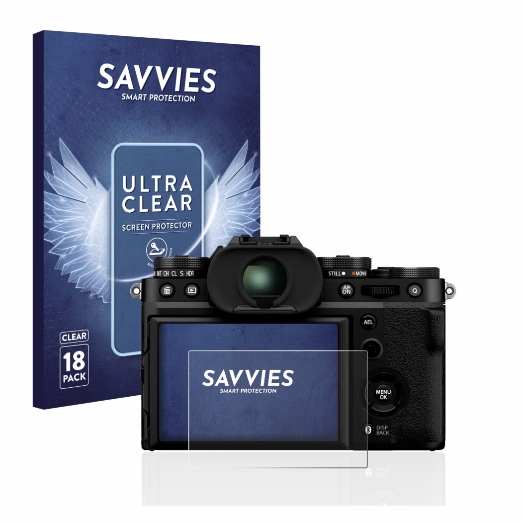 Front side of a product packaging with the brand logo Savvies. Next to it is the device Fujifilm X-T5 shown with the correspon